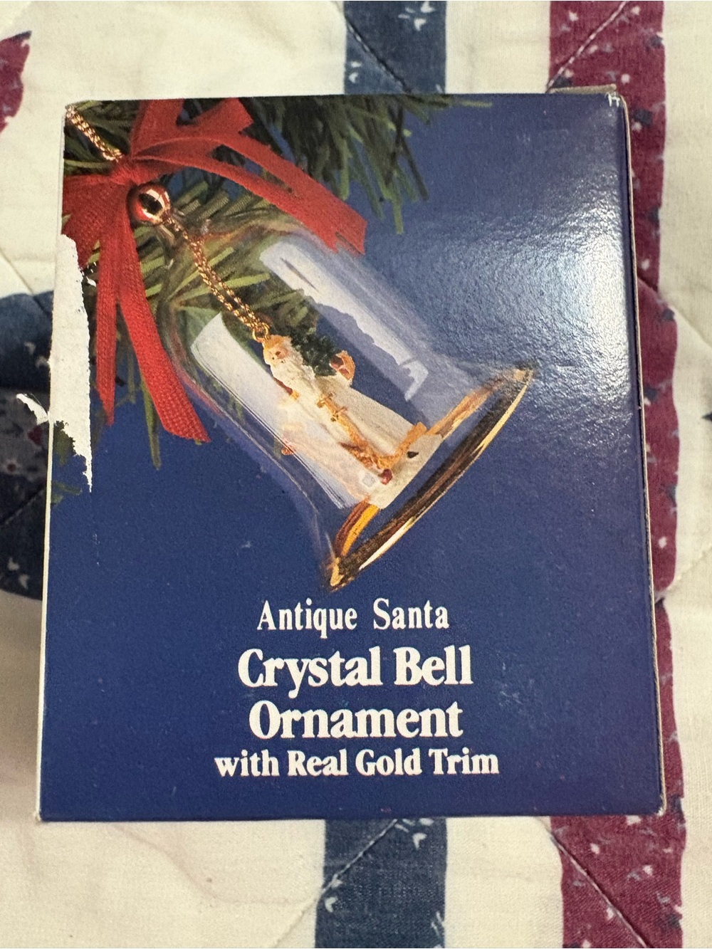 Vintage Crystal Bell Ornament Antique Santa Claus with Real Gold Trim 3” in Box